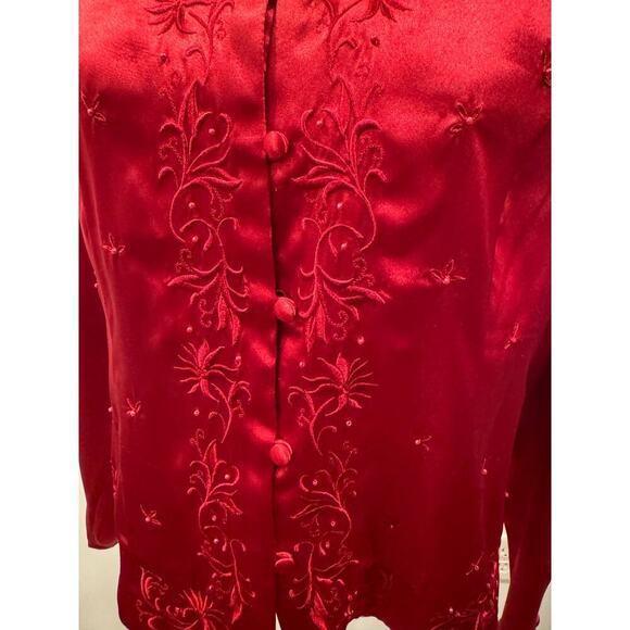 Laura Scott Red Embroidered Button Long Sleeve Down V-Neck - Size 12 - Picture 7 of 9